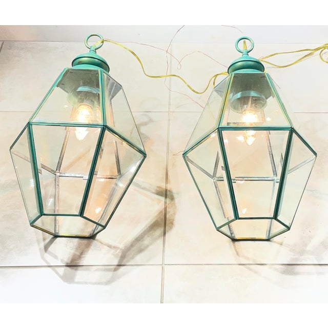 1980s 1980s Stunning Pair of Vintage Solid Brass & Glass Geometric Hanging Lanterns - a Pair For Sale - Image 5 of 16