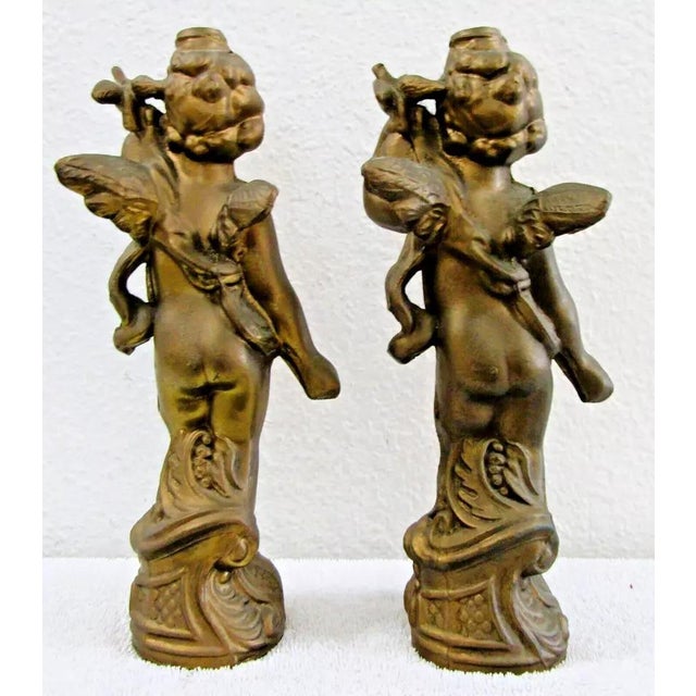 1920s 1920s Matched Pair of Antique Gold Cherub With Dove Cast Bronze Sculptures For Sale - Image 5 of 12