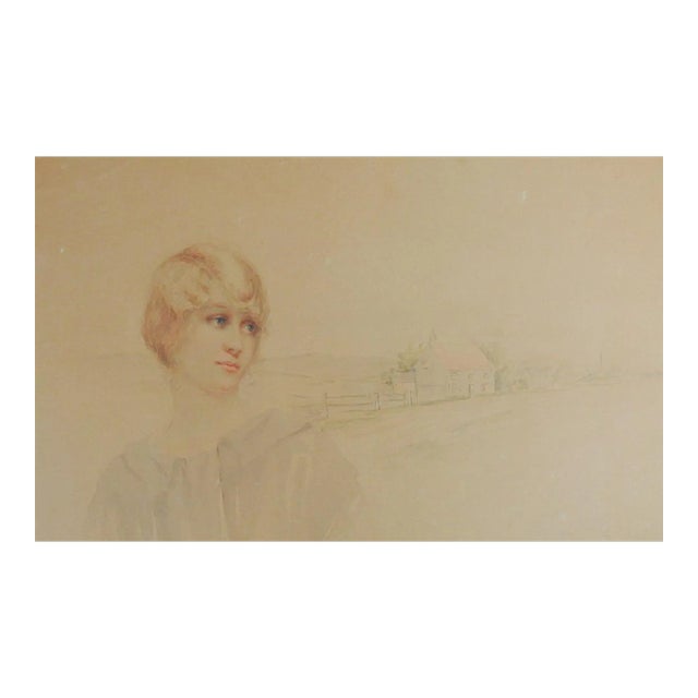 1920's Portrait of Woman Watercolor Painting For Sale