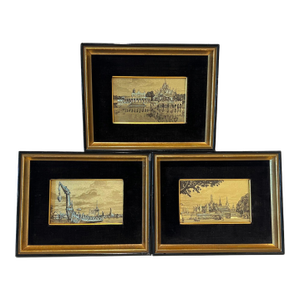 1970s Framed Gold Engravings of Asian Architecture, Set of 3