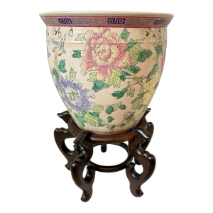 Large Vintage Handpainted Chinese Floral & Koi Planter With Wood Base 16x14.5”H