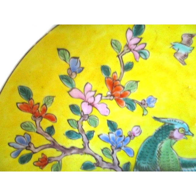 Japanese Antique Yellow Hand Painted Japanese Porcelain Dogwood Bird of Paradise Plate For Sale - Image 3 of 7