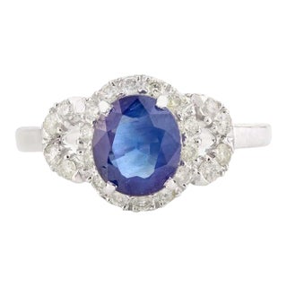 Handcrafted 14k White Gold 1.51ct Blue Sapphire Diamond Cluster Engagement Ring Size 7 For Sale