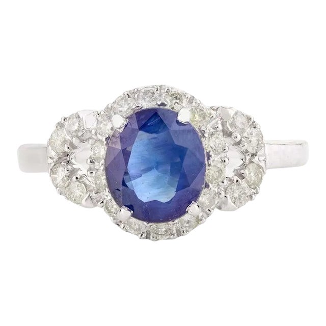 Handcrafted 14k White Gold 1.51ct Blue Sapphire Diamond Cluster Engagement Ring Size 7 For Sale