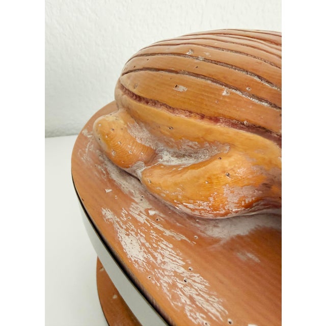 large-scale decorative box attributed to maker Sarreid, circa 1970s. Features an oval shape, brass-banded sides, a wood...