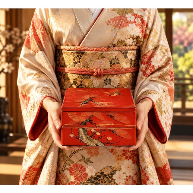 Japanese Japanese Antique Red Lacquered Snack Keepsake Box Hand Painted 2-Tier For Sale - Image 3 of 17