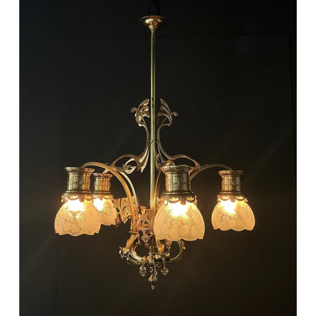 Antique Art Nouveau Chandelier in Brass and Bronze, 1890s For Sale - Image 6 of 13