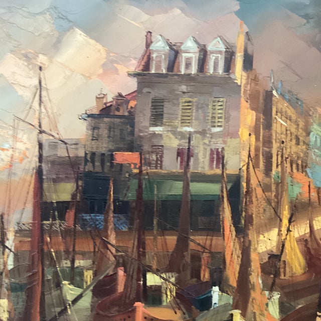 Vintage Painting on Canvas Impressionistic Harbor Scene Artist Signed Framed Dated For Sale In Chicago - Image 6 of 12