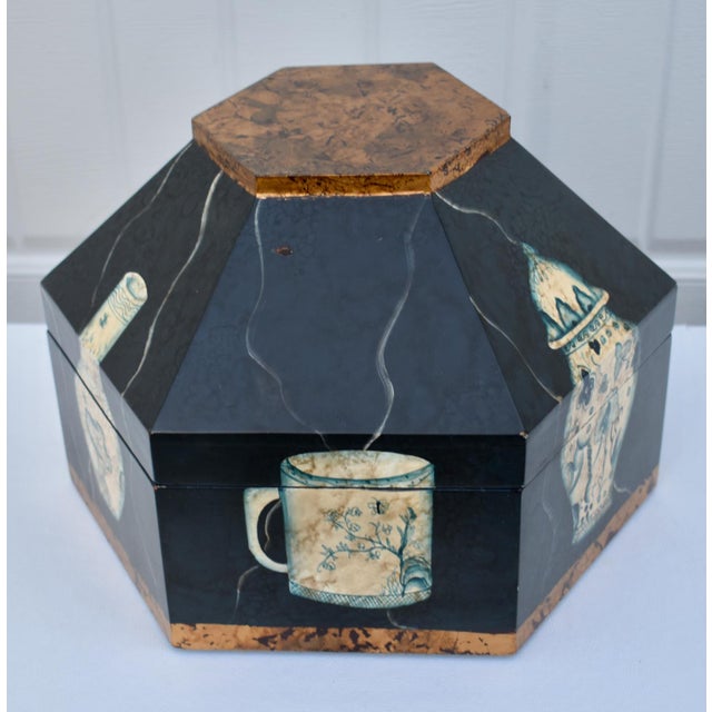 Vtg. Hexagonal Shaped Box With Asian Style Vessels For Sale In Philadelphia - Image 6 of 15