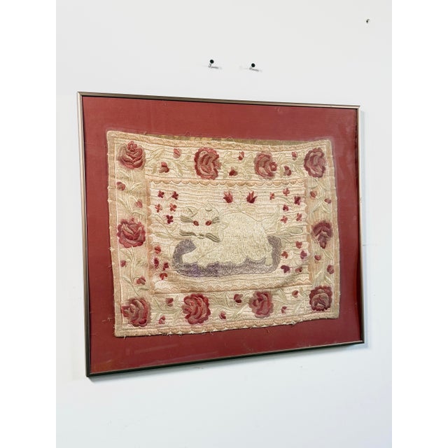 This is a total gem for anyone who loves antique textile art or cats! 19th-century silk embroidery American folk art...