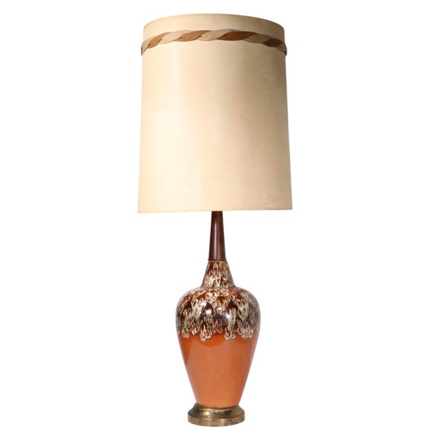 Mid 20th Century Mid Century Ceramic Drip Glaze Table Lamp With Original Shade For Sale - Image 4 of 13