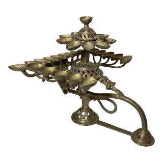 Rare Antique Indian 5 Piece Multi Wick Brass Diyas Oil Burning Table Lamp Ornate For Sale