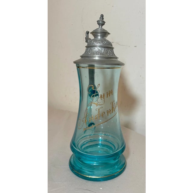 Victorian Large Antique 1800's Blown Gilt Blue Glass Pewter German Lidded Beer Stein Mug For Sale - Image 3 of 14