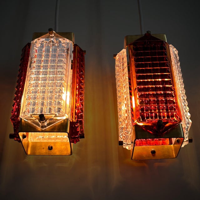 Scandinavian Pendant Lamps in Glass and Brass by Wiktor Berndt for Flygsfors, Sweden, 1960s, Set of 2 For Sale - Image 4 of 13
