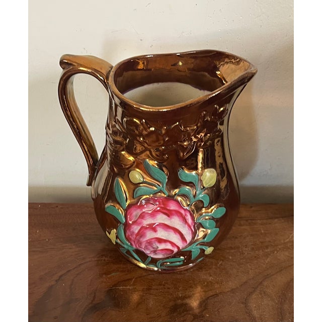 Ceramic Antique 19th Century English Regency Staffordshire Copper Luster Pitcher With Relief Molded Pink Roses For Sale - Image 7 of 14