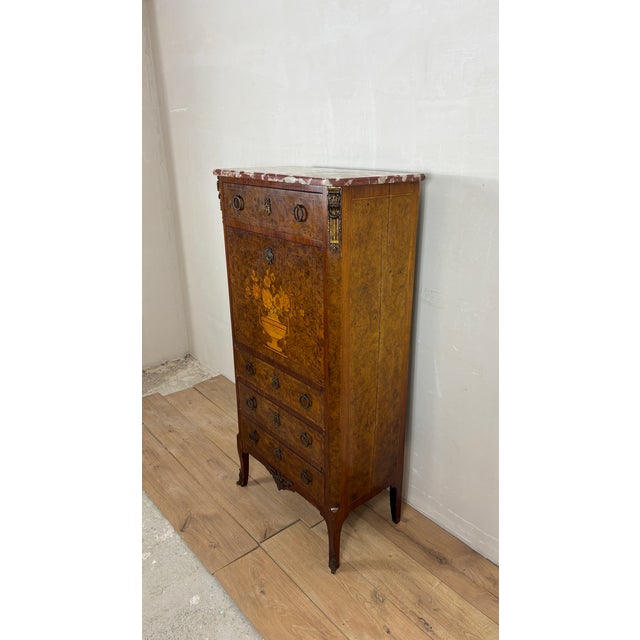 French Louis XVI Style Burl Wood Secretary Chest with Marble Top, 1930s For Sale - Image 9 of 16