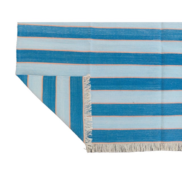 Sky Blue Handmade Cotton Area Rug, Natural Vegetable Dyed, Blue and Orange Striped Rug - 3'x5' For Sale - Image 8 of 11