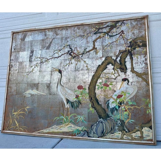 1920s Large Japanese Chinoiserie Crane Painting on Wood Panel W/ Silver, Gold, & Copper Leaf — Art Deco Framed For Sale - Image 13 of 18