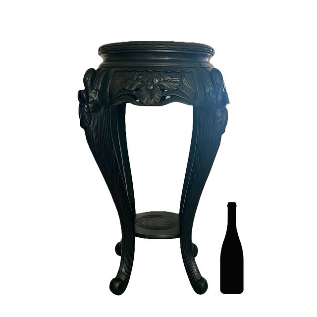 Antique Japanese Iris Pedestal / Plant Stand, Ebonised Carved Black Wood Side Table For Sale - Image 15 of 16