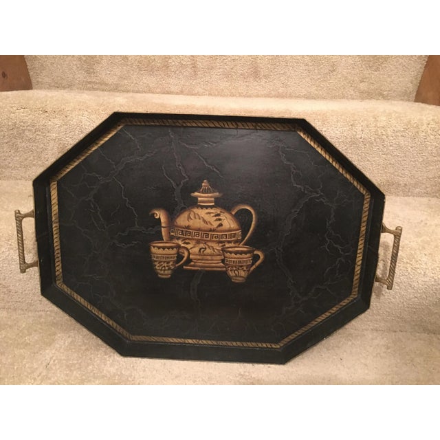 Hand-Painted Tea Cup Design Black Tole Tray For Sale In Atlanta - Image 6 of 13