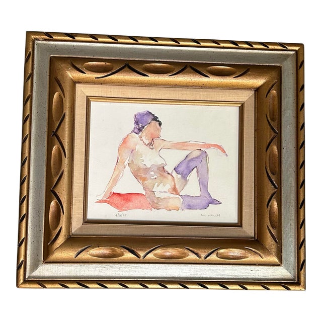 Contemporary Original Female Nude Watercolor Painting in Vintage Chunky Wood Frame For Sale