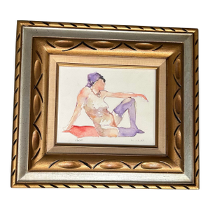 Contemporary Original Female Nude Watercolor Painting in Vintage Chunky Wood Frame
