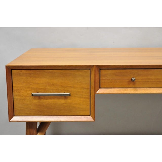 Wood West Elm Williams Sonoma Mid Century Modern Acacia Teak Style Writing Desk (B) For Sale - Image 7 of 16