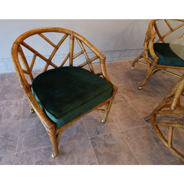Mid-Century Hollywood Regency Rattan Dining Set With Brass Casters, Attributed to Ficks Reed For Sale - Image 11 of 15