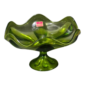 Vintage Mid-Century Modern Viking Glass Avocado Green Ruffled Edge Pedestal Compote Bowl