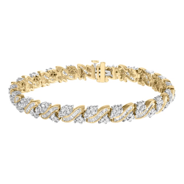 14K Yellow Gold 4.00 Cttw Diamond Woven Composite Cluster and S-Link Bracelet (I-J Color, I1-I2 Clarity) - 7" Inches For Sale