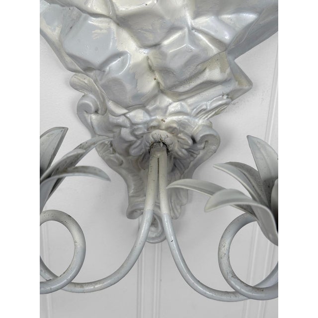 Vintage Florida Regency White Lacquered Palm Tree & Monkey Candle Wall Sconce For Sale - Image 11 of 11