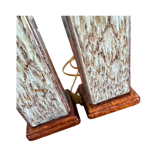 Late 20th Century Vintage the Natural Light Drip Glaze Pottery Table Lamps Pair Burled Wood - a Pair For Sale - Image 5 of 5