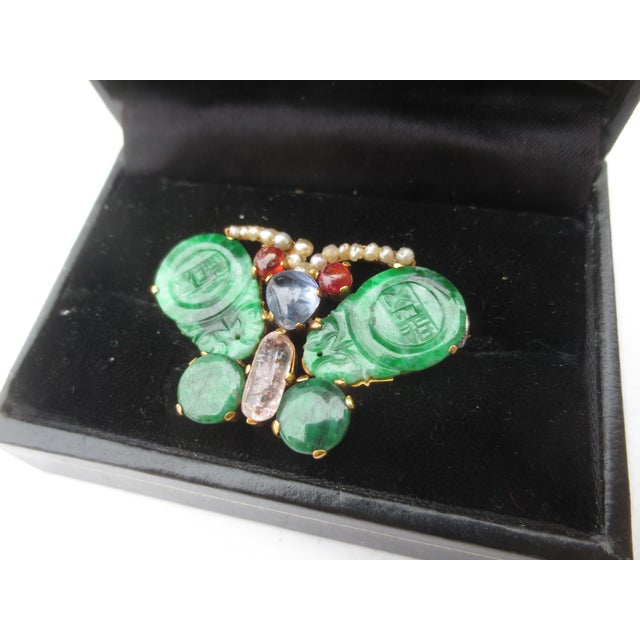 Gemstone Chinese Butterfly Pin 20kt Vintage 40s For Sale - Image 7 of 7