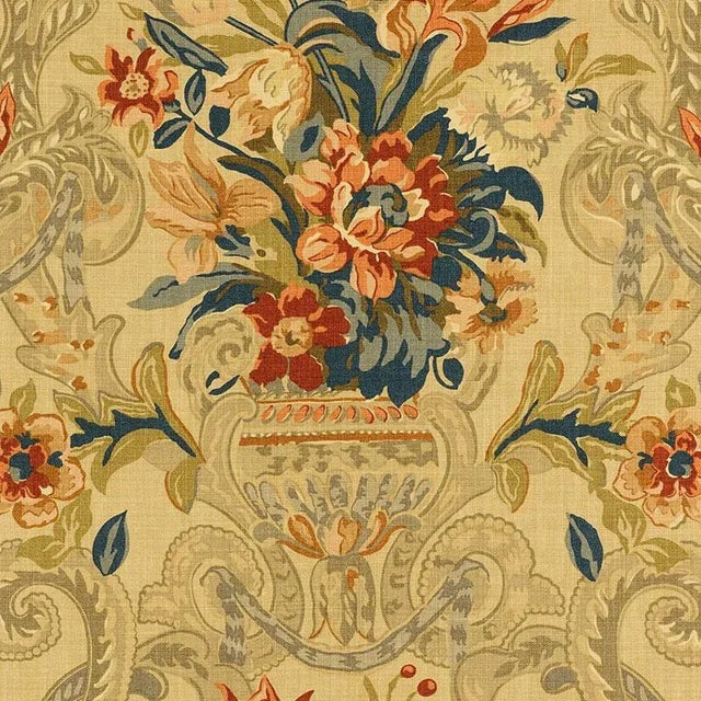 Table printed on a Linen ground, this marvelous, large-scale pattern features a romantic tangle of flowers, swags and...