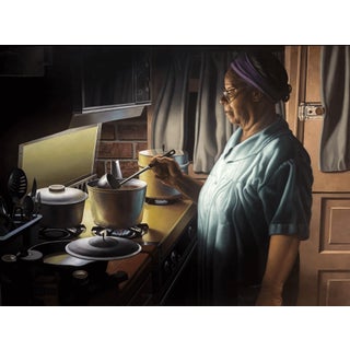Late Supper by Russell Harris | Oil on linen Woman cooking in a kitchen at night. For Sale