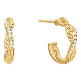 David Yurman Petite Pave Infinity Diamond Huggie Hoop Earrings 18k Yellow Gold, A Pair For Sale