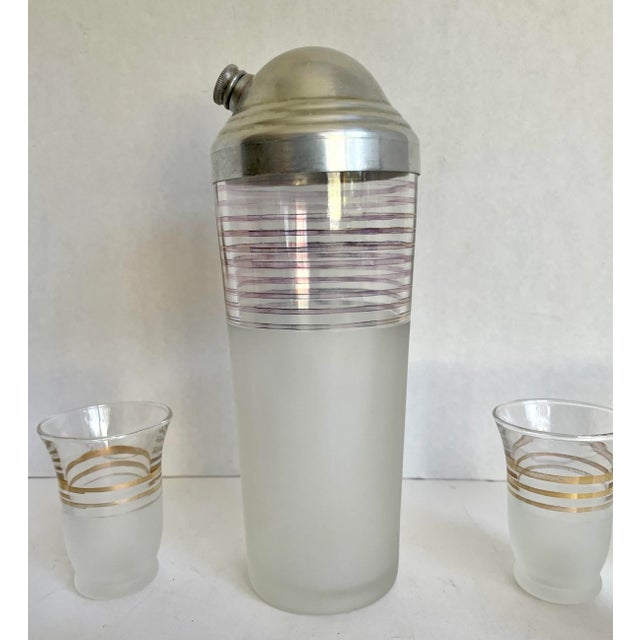 1940s Art Deco Gold Striped and Frosted Shot Glass and Mixer Set - Set of 10 For Sale In Los Angeles - Image 6 of 8