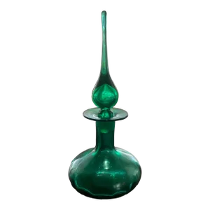 Mid Century Emerald Green Optic Glass Decanter/Genie Bottle With Flame Stopper