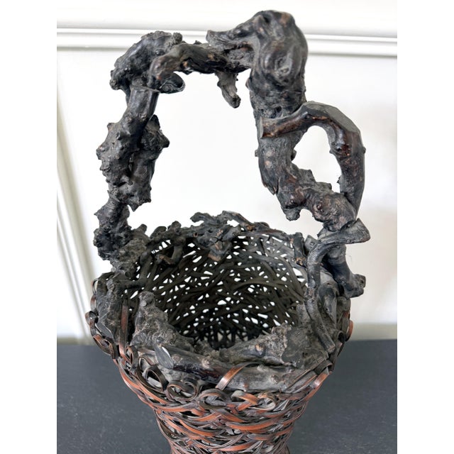 Antique Japanese Smoke Bamboo Basket with Wisteria Root Handle Meiji Period For Sale - Image 14 of 16