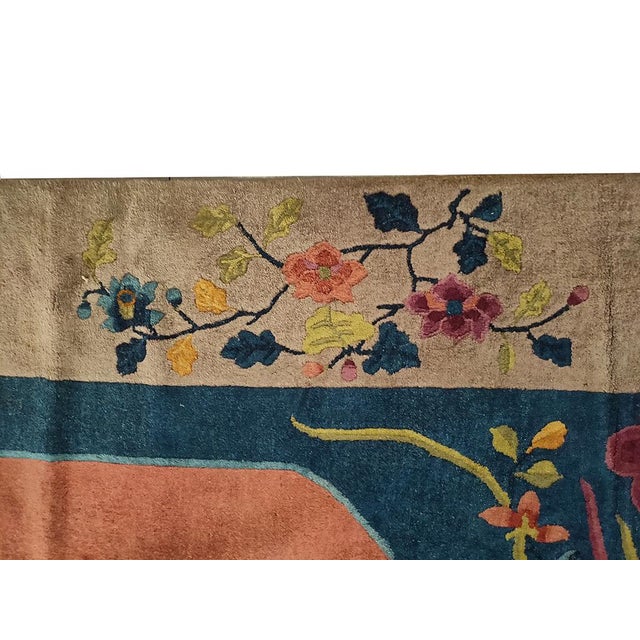 1920s Antique Rose Floral Rectangle Chinese Art Deco Carpet by Nichols Workshop For Sale - Image 4 of 6