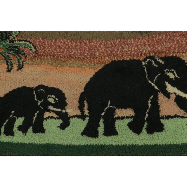 1920s Antique Gift Sized Hooked Rug With Elephants & Tree Pictorials - Rug & Kilim For Sale - Image 5 of 6