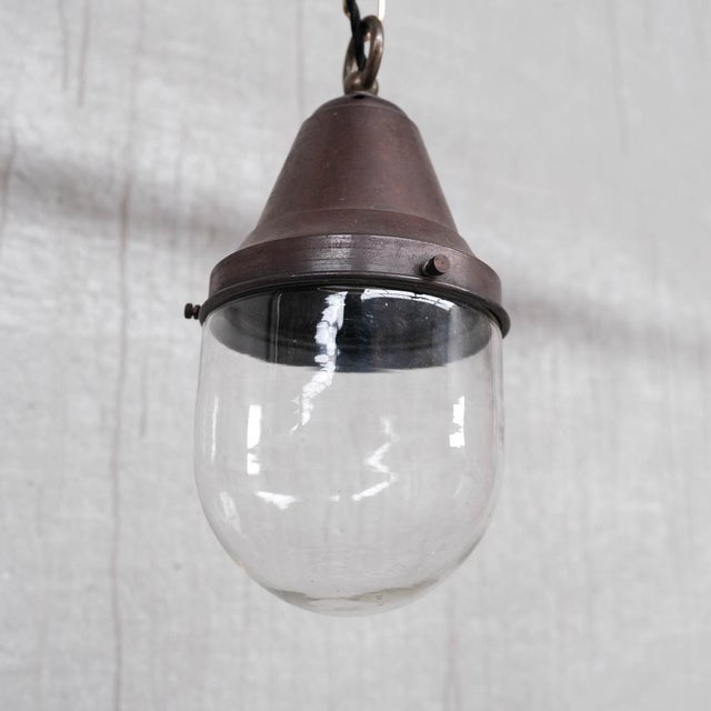 Mid-Century Modern Small Industrial Brass and Clear Glass Pendant Lamps, 1930s, Set of 2 For Sale - Image 3 of 9