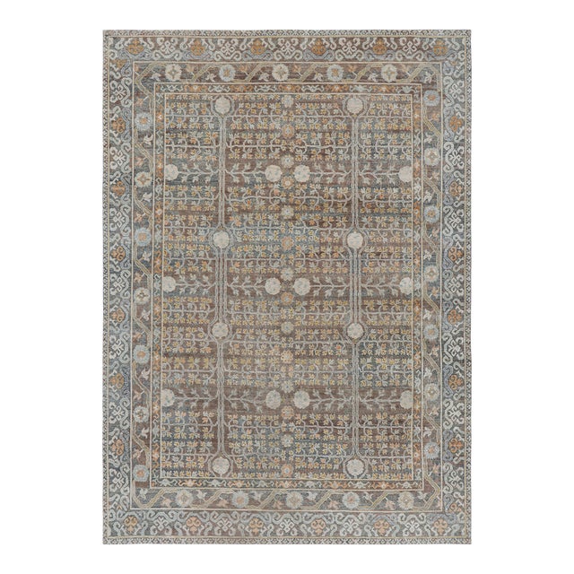 Rug & Kilim’s Modern Block Print Rug in Teal Blue with Geometric-Floral Patterns - 14x20 For Sale