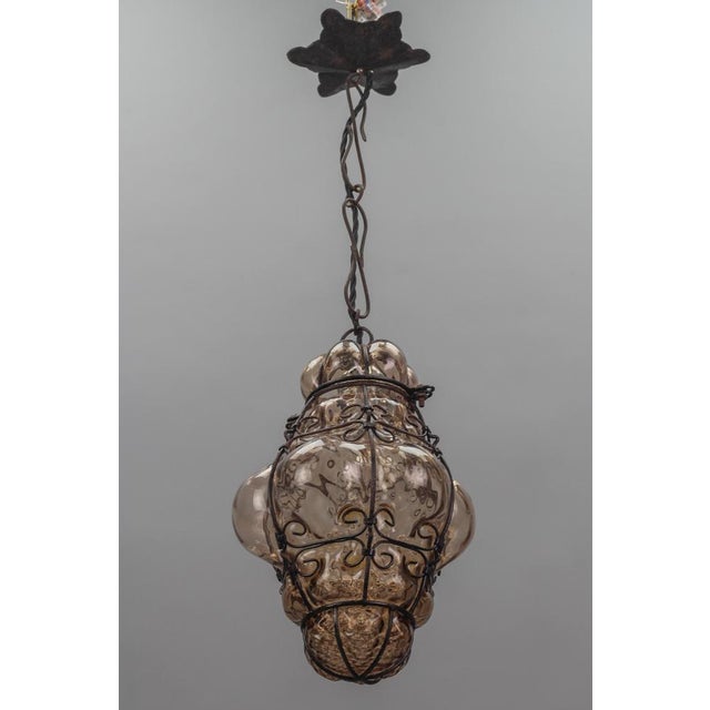 Italian Venetian Amber Smoke Coloured Clear Murano Glass Caged Hanging Lantern, 1950s For Sale - Image 10 of 18