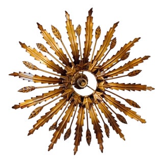 Large Spanish Sunburst Flush Mount in Gilt Metal with Support, 1950 For Sale