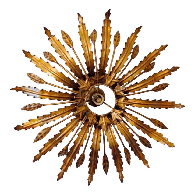 Large Spanish Sunburst Flush Mount in Gilt Metal with Support, 1950 For Sale