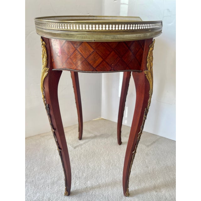 1920s French Marquetry, Brass Gallery & Marble Top Gueridon Table, Early 20Th. C For Sale - Image 5 of 18