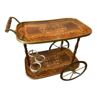 Mid-Century Italian Marquetry Inlay Rolling Bar Cart - Tea Tray For Sale