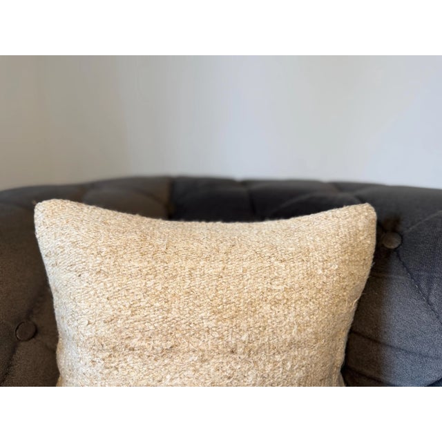 Boho Chic Vintage Turkish Kilim Pillow, Natural Hemp Ivory Beige Cushion, Handwoven Anatolian Pillow With Insert, 16x16 In For Sale - Image 3 of 7