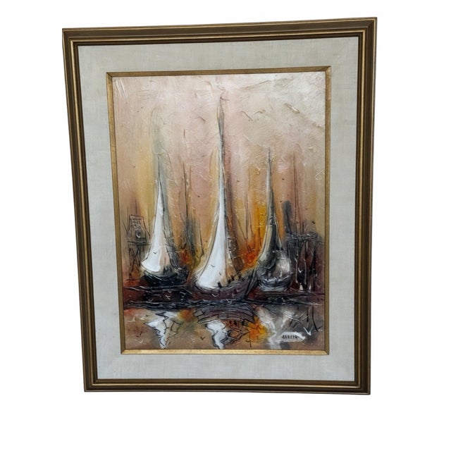 1973 Mid-Century Modern Danny Garcia Original Abstract Sailboat Harbor Acrylic Painting – Framed For Sale - Image 4 of 9